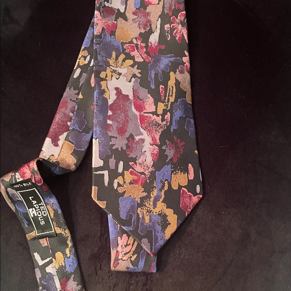 Vintage Ted Lapidus Abstract Floral Silk Tie - Black with Multicolor Pattern